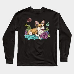 Cute Corgi Dog with Flowers in Summer Time Long Sleeve T-Shirt